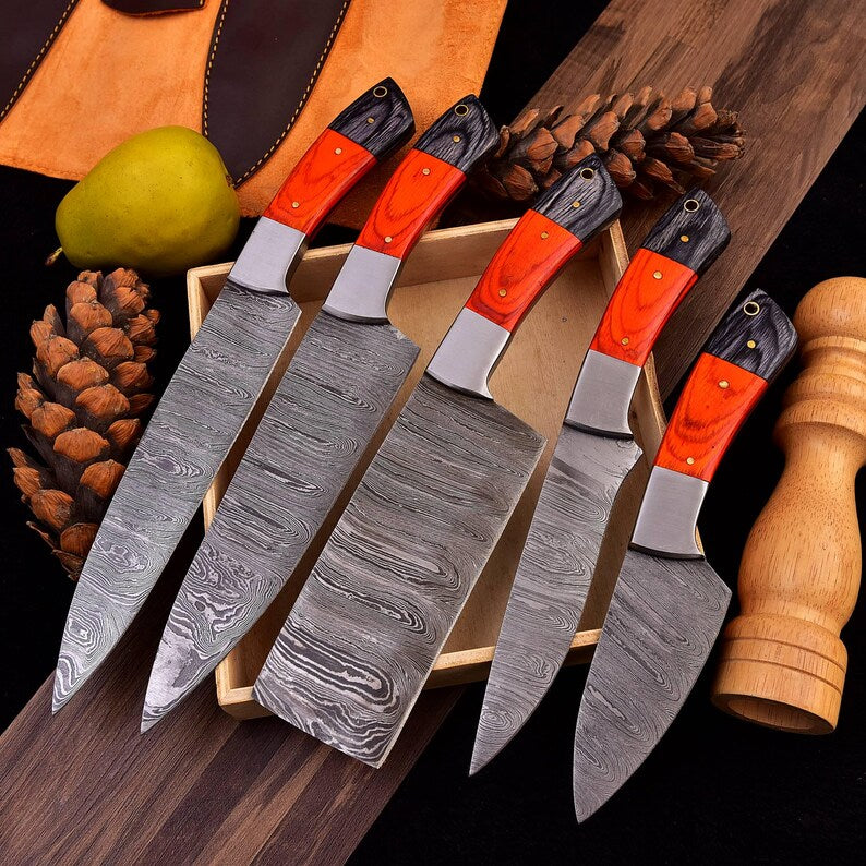 Damascus Steel Chef Knife Set, Hand forged Kitchen knives