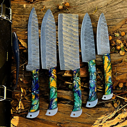 Damascus Steel Chef Knife Set, Hand forged Kitchen knives