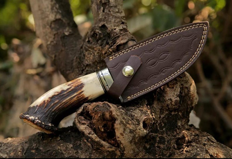 Custom Handmade Damascus Antler Deer Horn Crown Handle