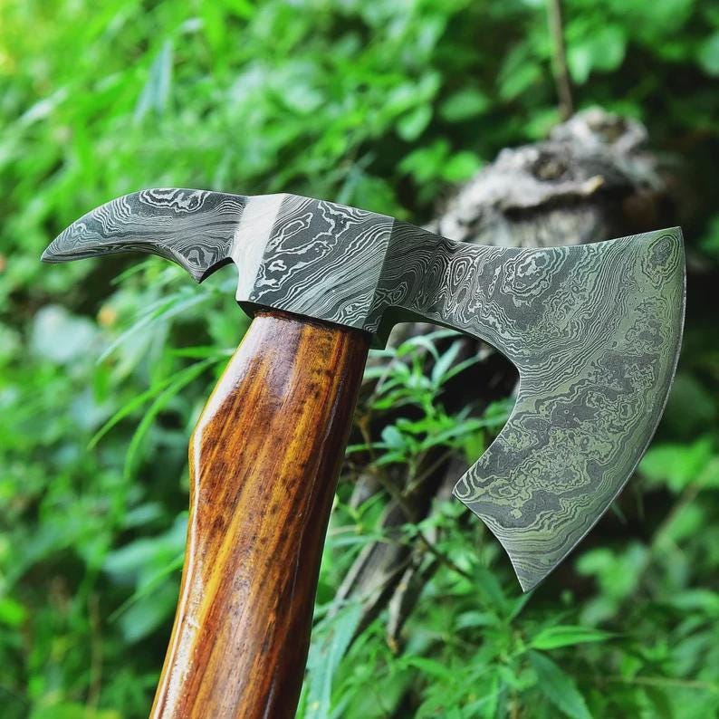 Custom Gift Forged DAMASCUS Steel VIKING AXE with rose Wood Shaft, Wedding Gift, Axes