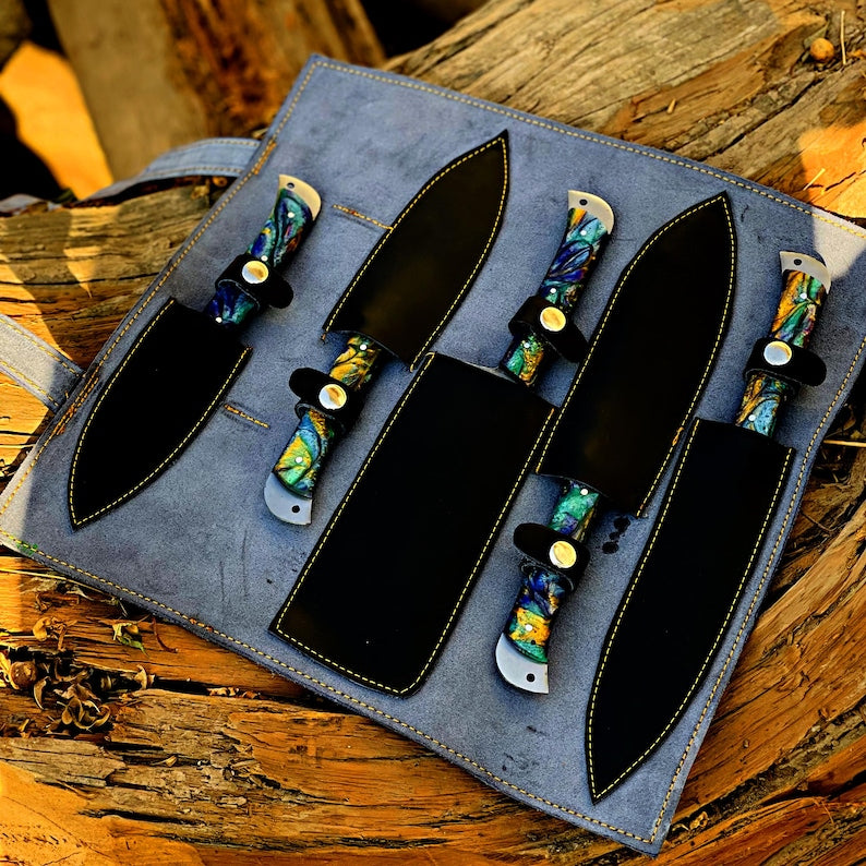 Damascus Steel Chef Knife Set, Hand forged Kitchen knives