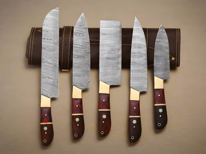 Hand Forged Damascus Steel Chef Knives Set - Exotic Wood Handles