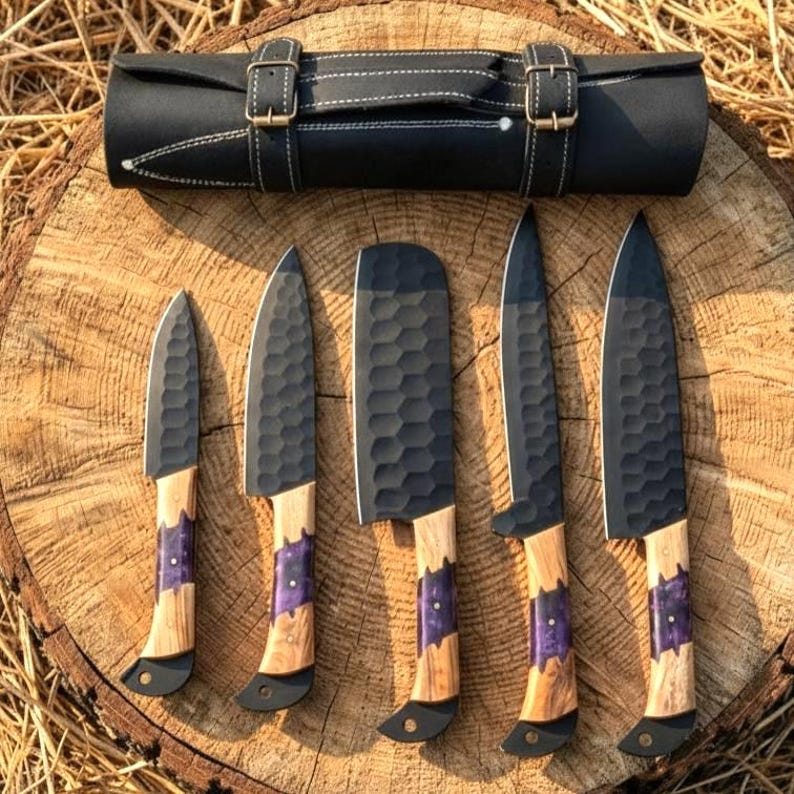 Damascus Chef Knife Set | Forged Kitchen Knives with Leather Roll