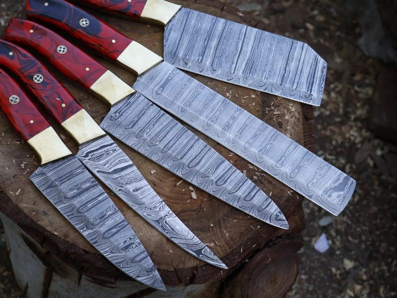 Handmade Damascus Kitchen Knife Set Red