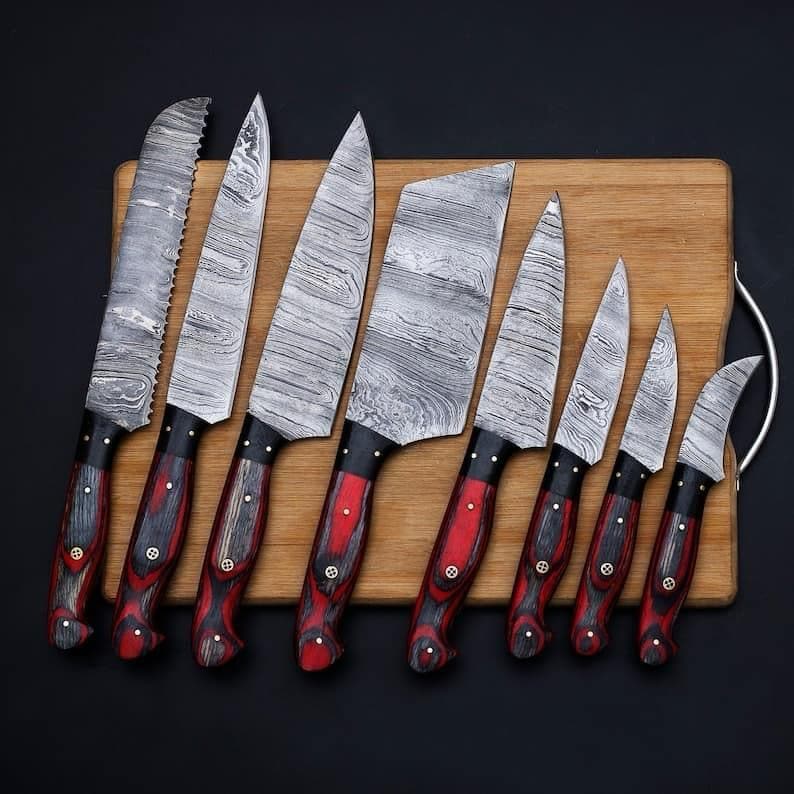 Hand Forged Damascus Steel 8 Pcs Chef Knife Set, Pakka Wood Handle & Leather Bag