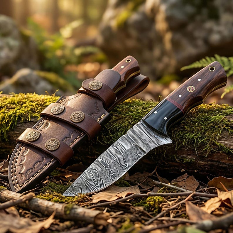 Handmade Damascus Hunting Knife: Micarta Handle, Leather Sheath, Gift For Men