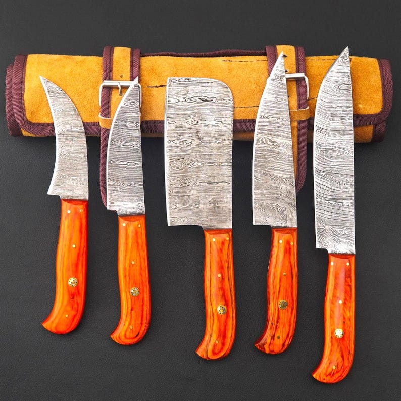 Damascus Steel 5-Piece Chef Knife Set | Handmade BBQ Kitchen Knife Collection
