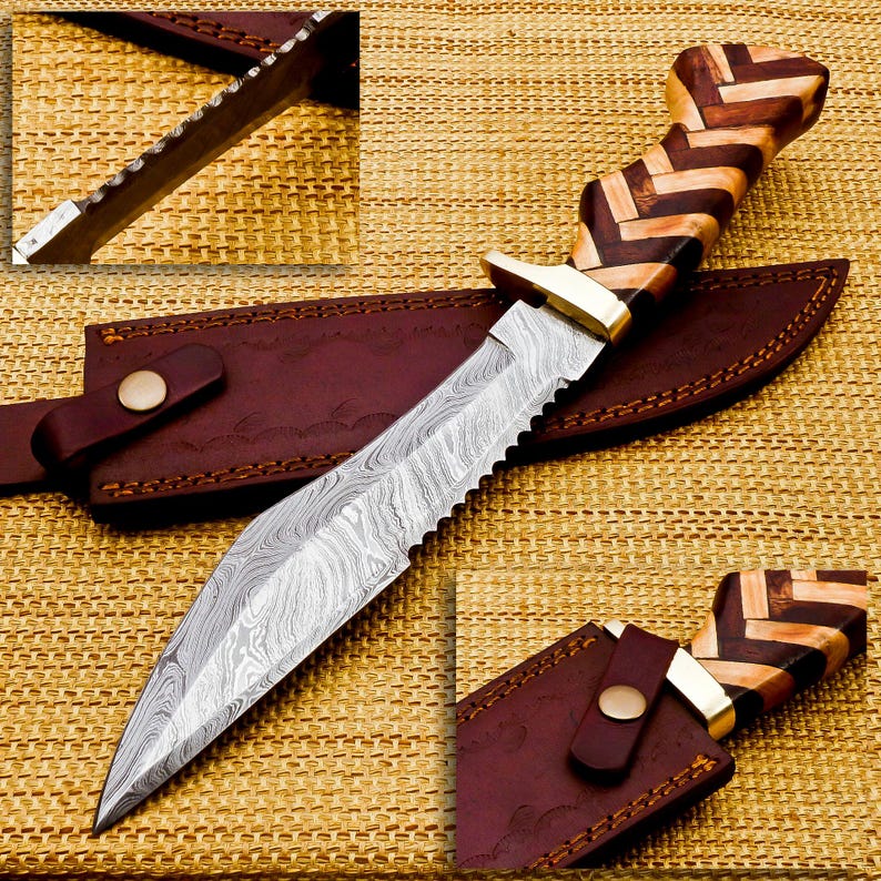 Handmade Damascus Steel Hunting Bowie | Cow & Rosewood Handle