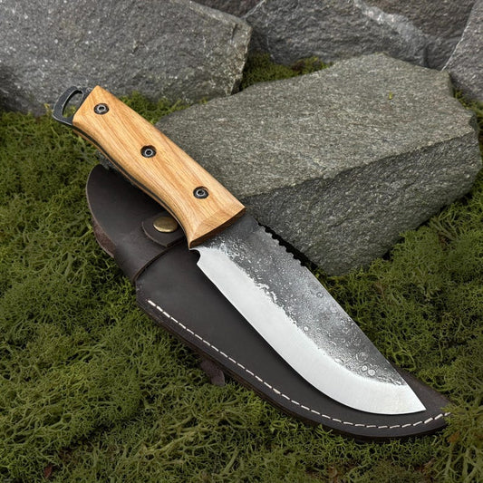 Hand Forged Bushcraft Knife with Leather Case.