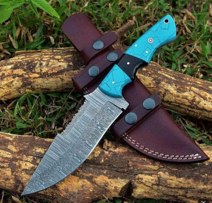 Handmade Damascus Steel Hunting Knife with Leather Sheath
