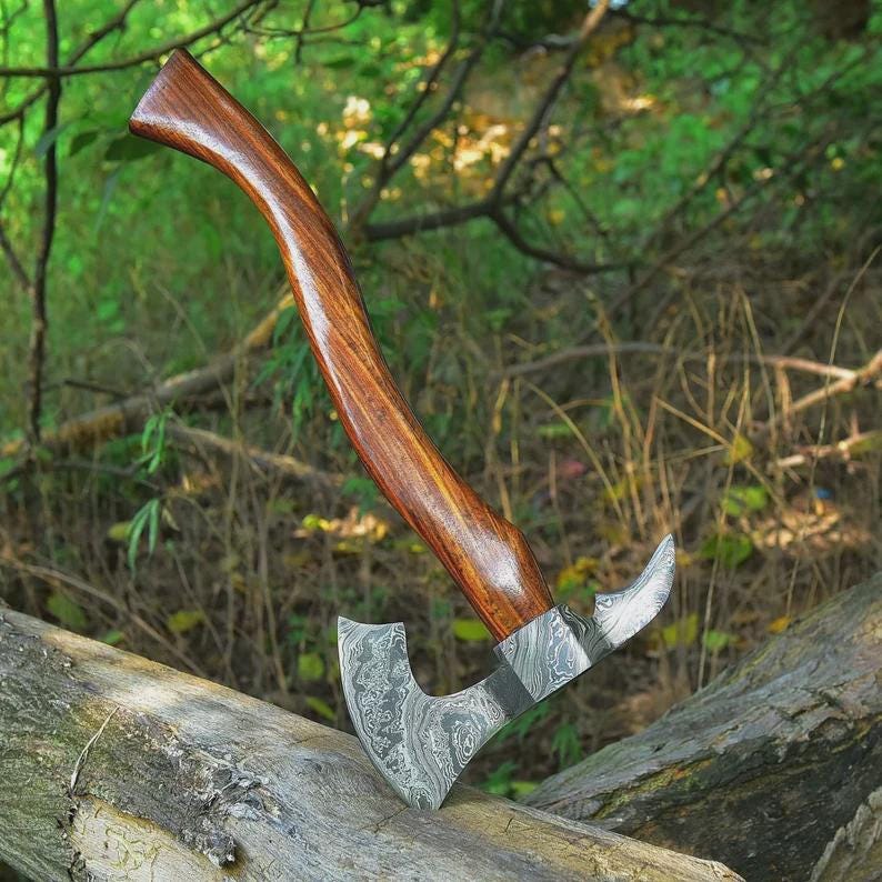 Custom Gift Forged DAMASCUS Steel VIKING AXE with rose Wood Shaft, Wedding Gift, Axes