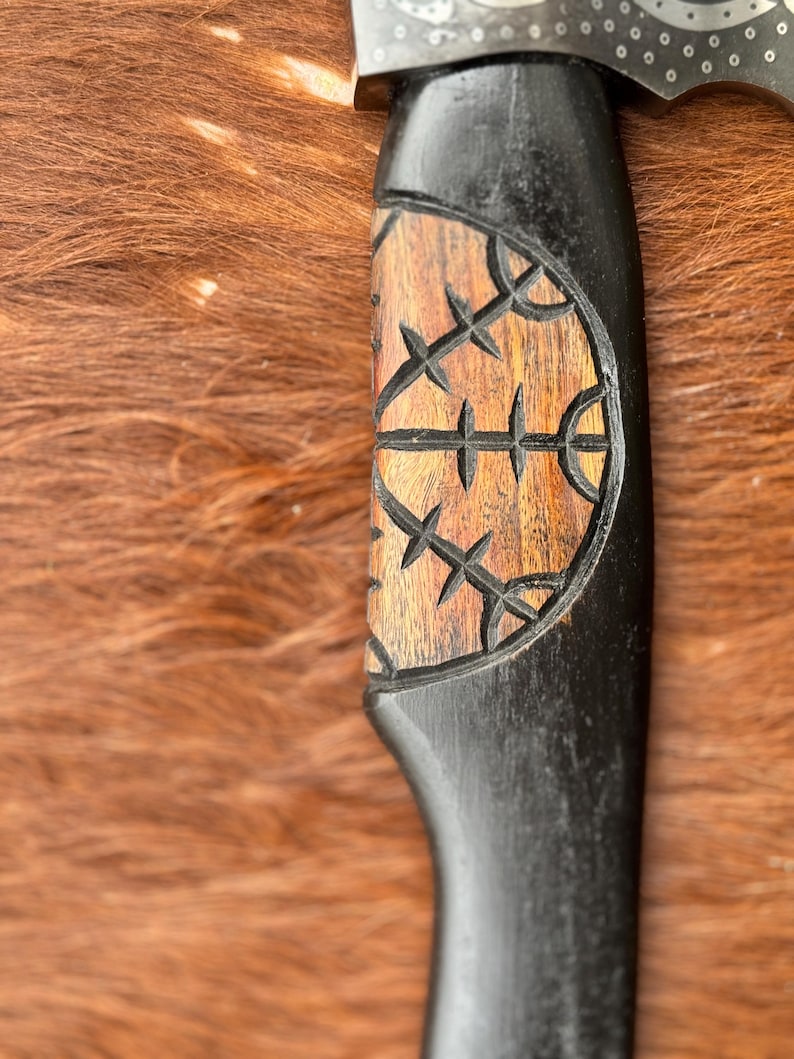 Handcrafted Viking Style Axe – Engraved Norse Head with Carved Wooden Handle