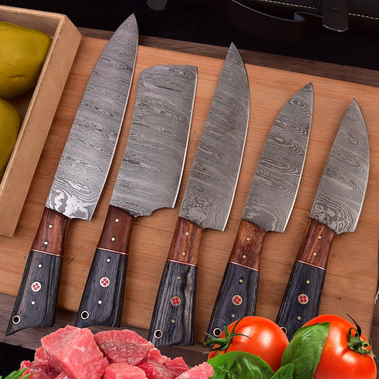 BladeVista Hand-Forged Damascus Chef Knife Set (5-Piece)