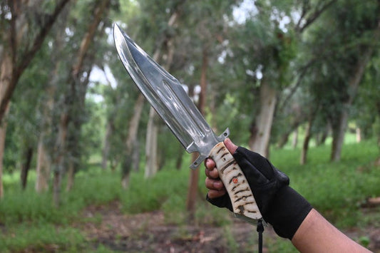 Handmade Carbon Steel Hunting Knife, Ram Horn Handle, Cowhide Sheath
