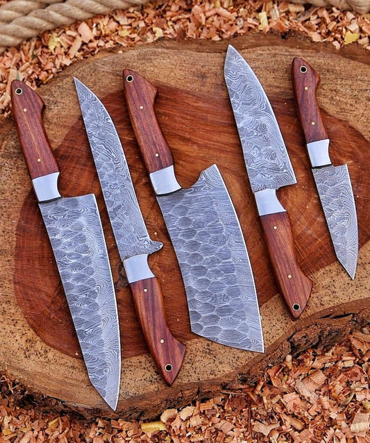 Handmade Damascus Steel Chef Knife Set | Rosewood Handle, Leather Sheath