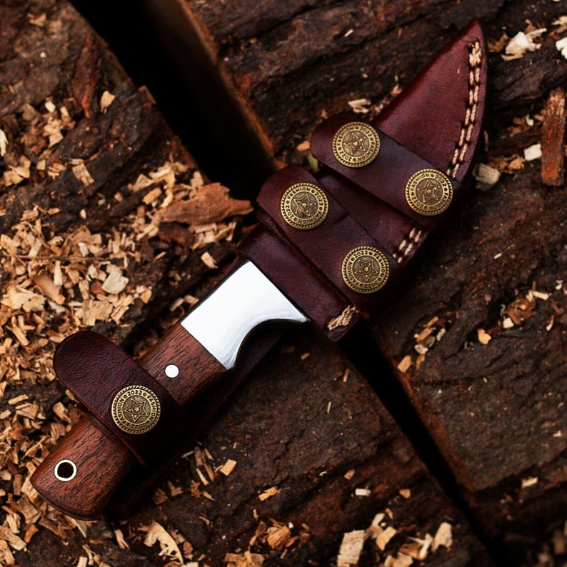 Beautiful Handmade Damascus Steel Hunting Skinner Knife With Excellent Wood Handle & Leather Sheath