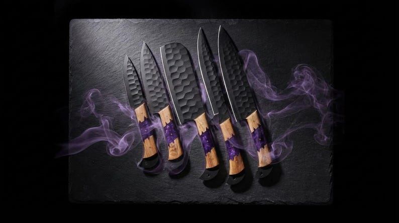 Damascus Chef Knife Set | Forged Kitchen Knives with Leather Roll
