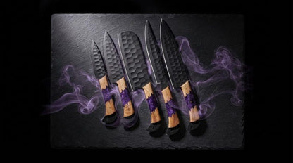 Damascus Chef Knife Set | Forged Kitchen Knives with Leather Roll
