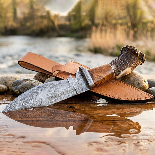 Custom Damascus Hunting Knife: Handmade Stag Horn Handle