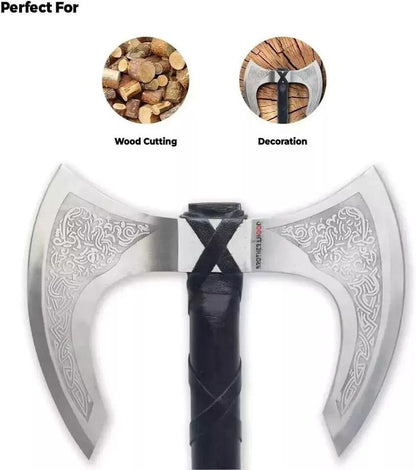 Viking Double Head Axe: Celtic Etched Carbon Steel & Ash Wood