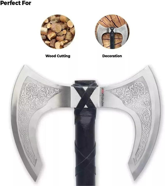 Viking Double Head Axe: Celtic Etched Carbon Steel & Ash Wood