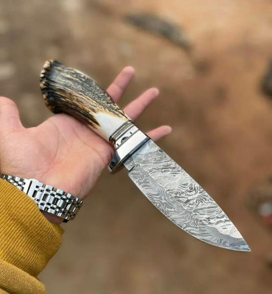 Custom Handmade Damascus Antler Deer Horn Crown Handle