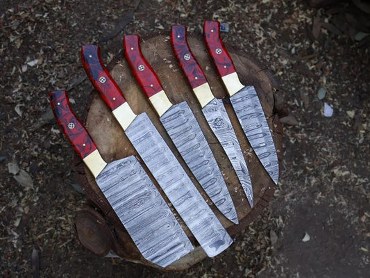 Handmade Damascus Kitchen Knife Set Red