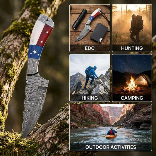Hand Forged Damascus Hunting Knife with Leather Sheath Fixed Blade Camping