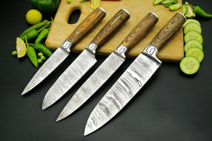 Hand Forged Damascus Chef Knife Set of 4Pcs With Brown Pakka Wood handle