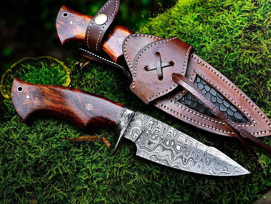Handmade Damascus Hunting Knife: Micarta Handle, Leather Sheath, Gift For Men