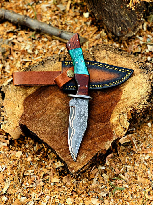 Handmade Damascus Hunting Knife, Copper Bolster, Rosewood Resin Handle