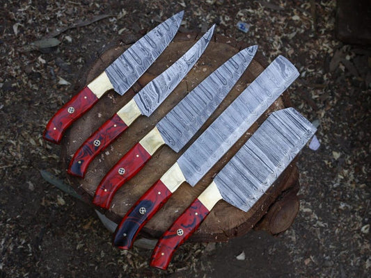 Handmade Damascus Kitchen Knife Set – Red Resin Handle, 5-Piece Chef Knives