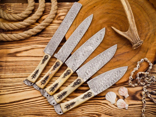 Handmade Damascus Steel Chef Knife Set (5 pcs) with Leather Sheath