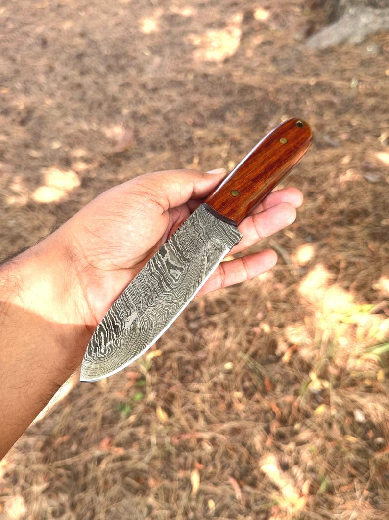 Damascus Kephart Knife with leather sheath | Handmade FULLTANG Roswood Skinner