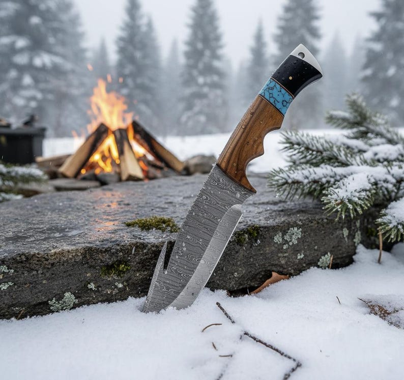 Handmade Damascus Steel Hunting Gut Hook Knife with Leather Sheath