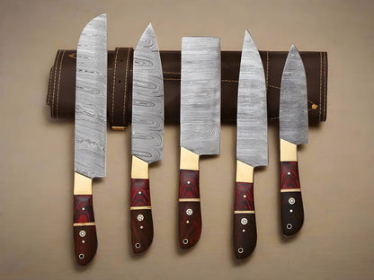 Hand Forged Damascus Steel Chef Knives Set - Exotic Wood Handles