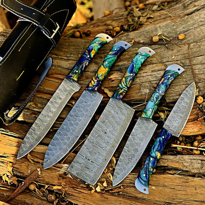 Damascus Steel Chef Knife Set, Hand forged Kitchen knives