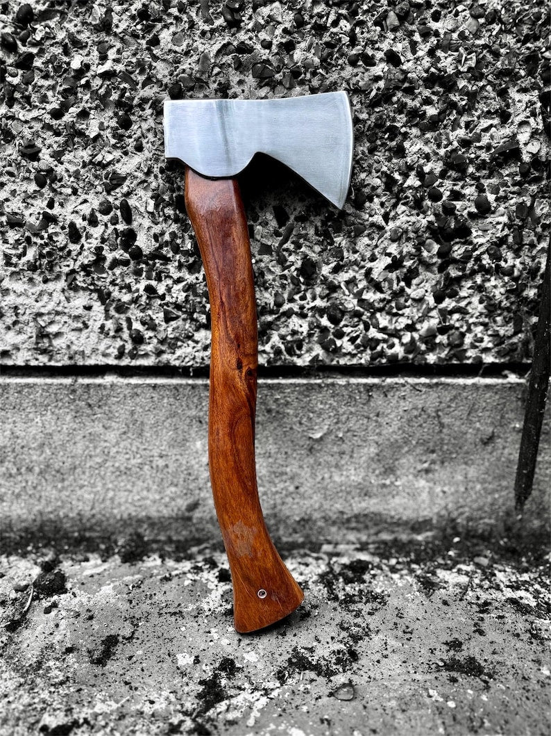 Handmade Forged Bushcraft Axe: High Carbon Steel, Leather Sheath