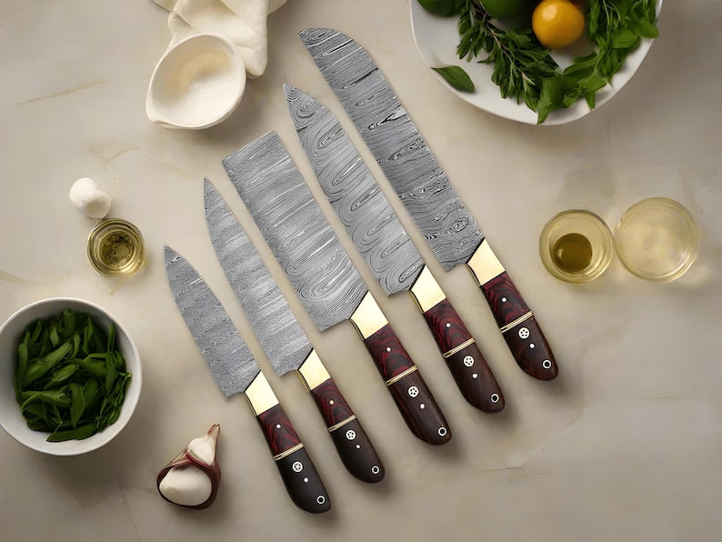 Hand Forged Damascus Steel Chef Knives Set - Exotic Wood Handles