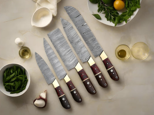 Hand Forged Damascus Steel Chef Knives Set - Exotic Wood Handles