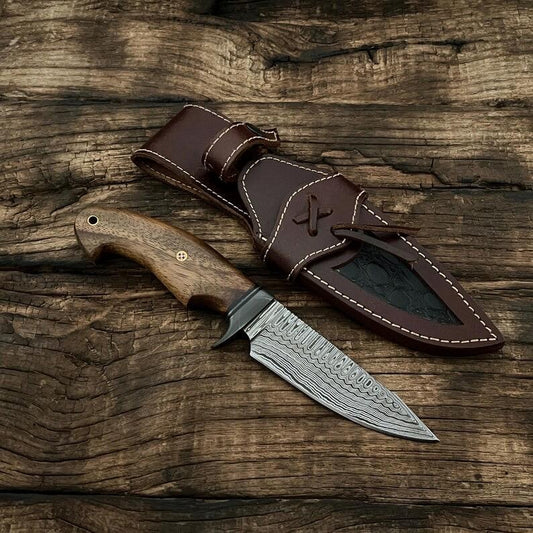 Handmade Damascus Bushcraft Hunting Knife | Outdoor Camping & Survival Knife | Rosewood Handle | Leather Sheath Included