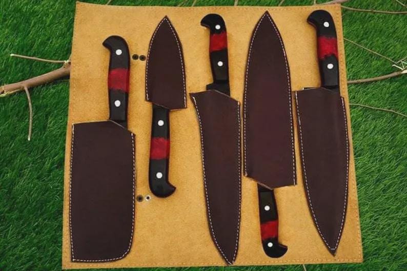 Handmade High Carbon Steel Chef Knife Set, Rosewood Resin Handle with sheath