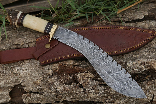 Handmade Damascus Kukri Knife with Stag Horn and Bone Handle