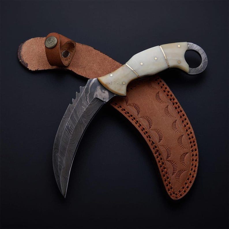 Custom Handmade Damascus Steel Karambit Hunting Knife With Leather Sheath