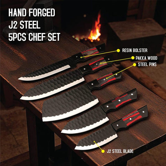 Hand Forged Chef Knife Set | J2 Steel, Pakka Wood Handle