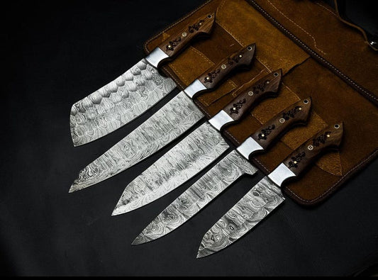 Chef Set, Handmade Damascus Steel Chef Knife Set, Hand Forged Kitchen Knife Set
