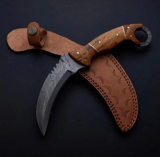 Custom Handmade Damascus Steel Karambit Hunting Knife with Leather Sheath