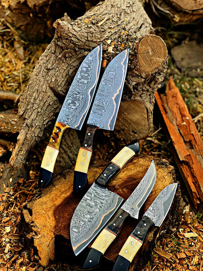 Handmade Damascus cooper Chef Knife Set, Hand forged Kitchen knives