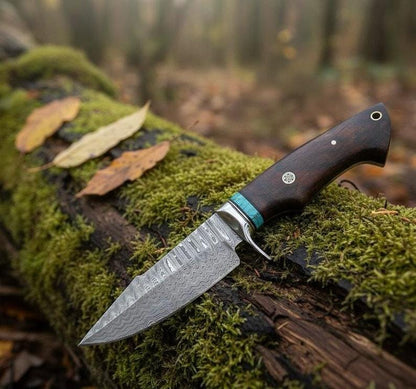 Handmade Damascus Hunting Knife | Full Tang Survival Knife with Walnut Handle Bushcraft Camping Gift