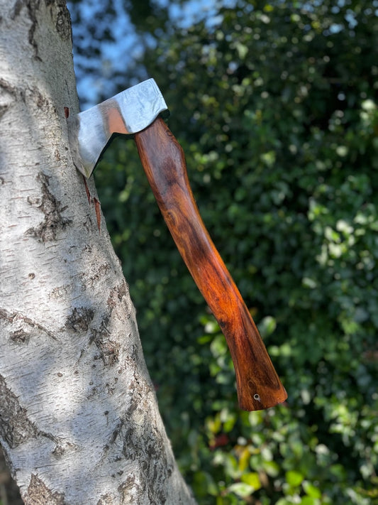 Handmade Forged Bushcraft Axe: High Carbon Steel, Leather Sheath